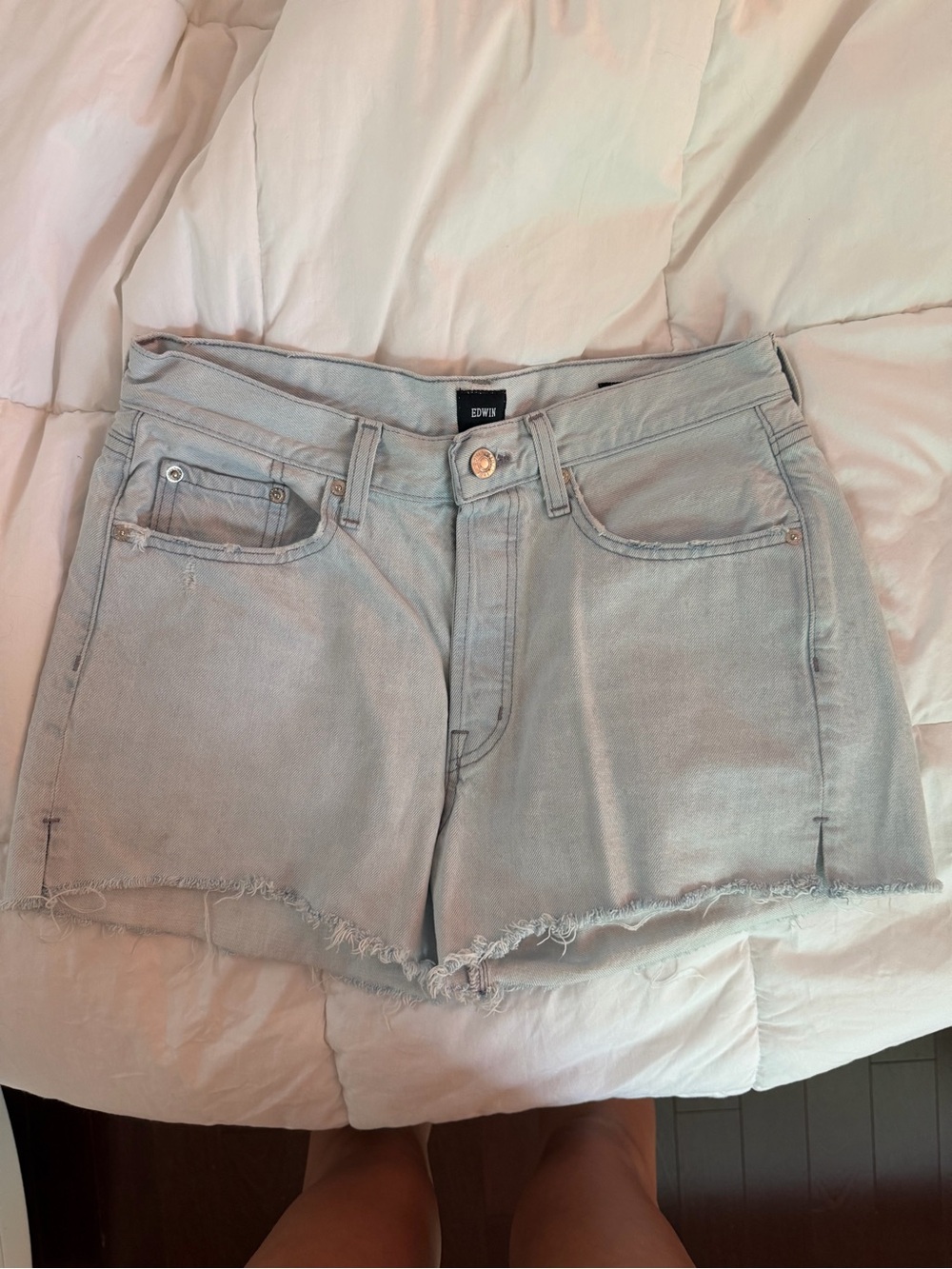EDWIN Light Gray Frayed Hem Denim Shorts